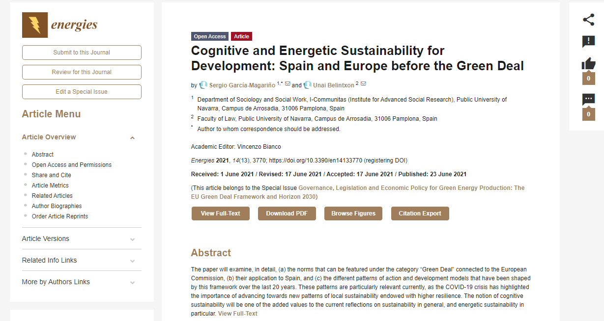Cognitive and Energetic Sustainability for Development: Spain and Europe before the Green Deal