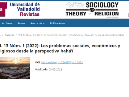 Estudios sociales bahá'í. Lanzamiento del número número de Journal of the Sociology and Theory of Religion
